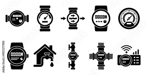 Collection of black icons depicting various water meters, including digital and analog readouts, connected to a house with a dripping faucet, and smart meters.