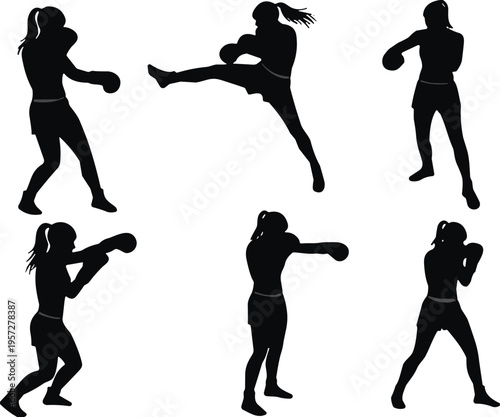 Set of female boxer and kickboxer silhouettes practicing martial arts strikes for fitness gym posters sport training and empowerment concept