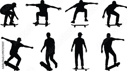 Set of skateboarder silhouettes performing tricks on longboards and skateboards on white background, urban sports, skating, street culture, extreme, action.