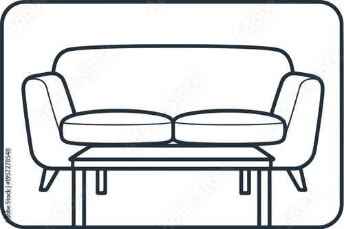 Simple line art icon depicting a comfortable two-seater sofa and a small coffee table representing interior living room furniture design.
