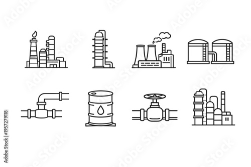 Minimal line icon set of industrial facilities with refinery towers, power plant cooling stacks, storage tanks, pipelines, valves, and oil barrel