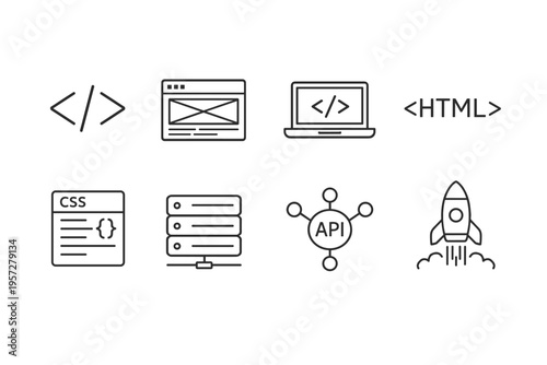 Minimal line icons of web development and programming tools showing code, HTML, CSS, server, API network, laptop, browser window, and rocket launch