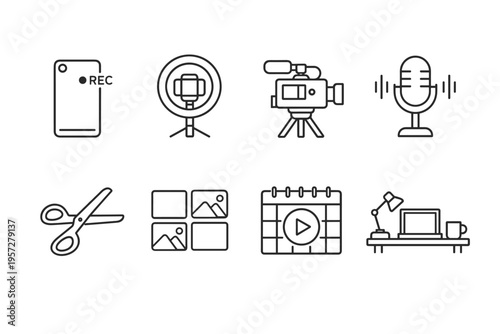 Minimal line icons set for video production and content creation featuring recording device, studio light, camera, microphone, editing tools, and workspace