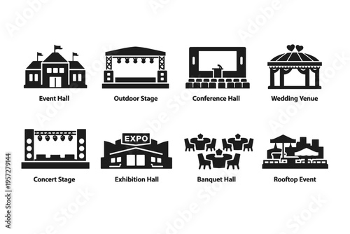 Black silhouette icons of event venues including hall, outdoor stage, conference room, wedding canopy, concert stage, expo center, banquet dining, rooftop setup