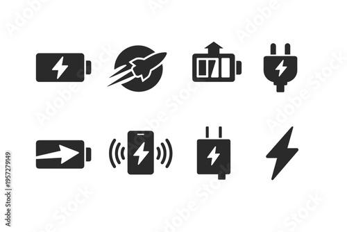 Set of black battery and charging icons including power plugs, lightning bolts, fast charge rocket symbol, and wireless charging indicator
