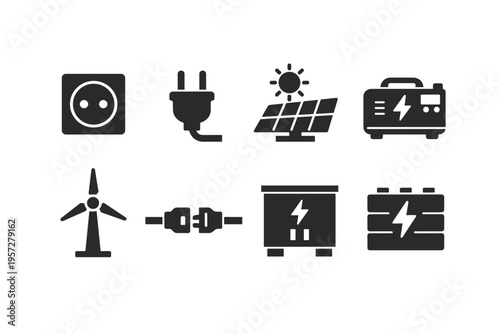 Set of black energy and power icons showing electrical outlet, plug, solar panel, generator, wind turbine, connector, inverter, and battery symbols