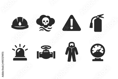 Set of industrial safety and hazard icons including hardhat, toxic gas, warning sign, fire extinguisher, alarm siren, valve, hazmat suit, and gauge