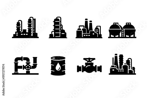 Set of industrial oil and gas refinery icons showing factories, storage tanks, pipelines, valves, and barrels in black silhouette on white background
