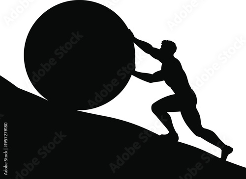 Silhouette of a man pushing a large heavy boulder up a hill for motivational business challenge and persistent effort concept