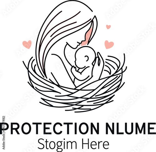 Elegant line art logo design beautifully depicting a mother cradling her newborn baby safely within a protective, cozy bird's nest structure.
