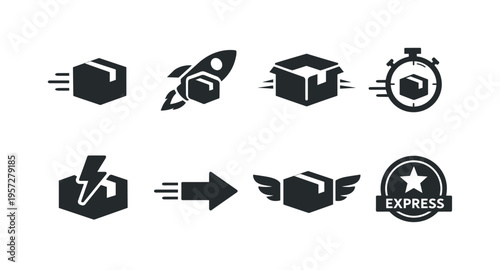 Set of express delivery and shipping icons showing fast package, rocket parcel, opened box, stopwatch, lightning, arrow, winged box, and express badge