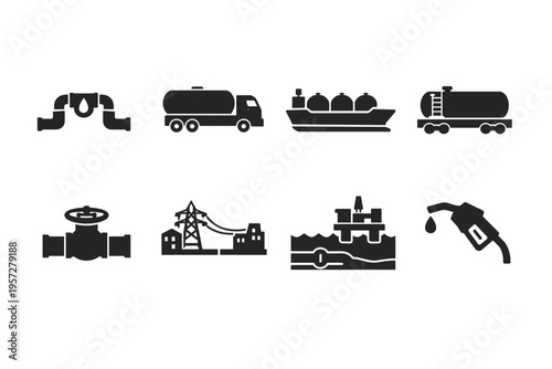 Black silhouette icons of oil and gas industry infrastructure including pipelines, tankers, cargo ship, refinery, valve, offshore platform and fuel nozzle