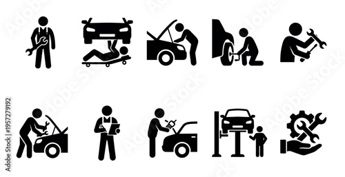A collection of simple black vector icons depicting various car mechanic and service activities, ideal for automotive industry websites and applications.