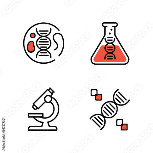 Genetics and biotechnology line icon set