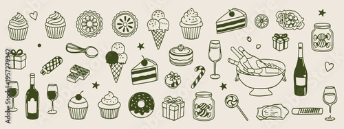 Dessert illustrations, food sketches, cake and cupcake drawings, ice cream icons, sweet treats icons, pastry and confectionery art, dessert symbols.
