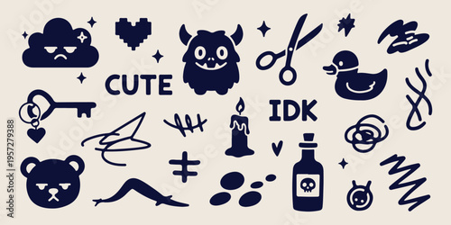 Cute monster character doodles, skull illustrations, "IDK" abbreviation text, unique graphic symbols, spooky art elements, funny creature drawings, quirky sketches.
