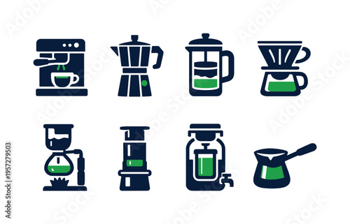 Minimal vector icon set of coffee brewing methods and equipment including espresso machine, moka pot, French press, dripper, siphon, and cezve