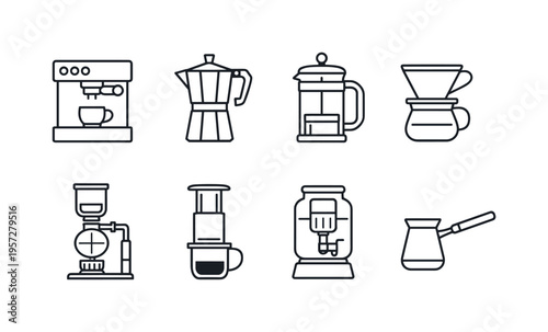 Minimal line icons of coffee brewing equipment including espresso machine, moka pot, French press, pour-over dripper, grinder, and cezve set