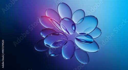 A cluster of translucent oval shapes resembling pebbles illuminated with vibrant blue and purple hues