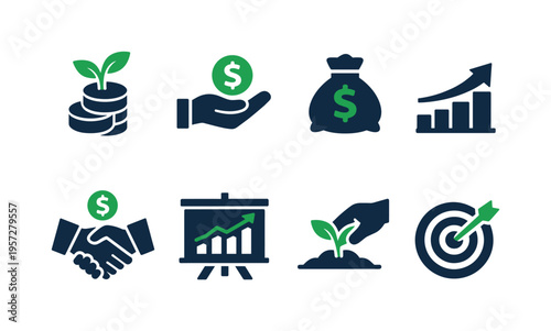 Set of financial growth and investment icons showing savings, profit, money bag, handshake, presentation chart, seedling, and target success