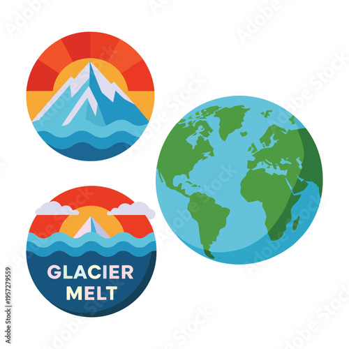 Global warming and glacier melt vector set with Earth globe and iceberg emblems.