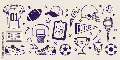  Sports equipment collection, football basketball baseball, sports training icons, fitness activity doodles, team sports symbols, active lifestyle illustration, sports game gear.