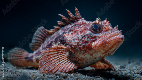 Close-up of a camouflaged scorpionfish resting on the seafloor, blending perfectly with coral and rocks in a vibrant underwater marine environment.
