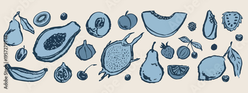 Exotic tropical fruits, dragon fruit pear, healthy organic snacks, summer fruit collection, botanical fruit illustration, fresh vegan food, tropical nature doodles.