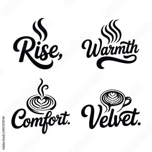 Coffee and cafe typography logo set with Rise, Warmth, Comfort, and Velvet wordmarks.