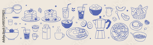 Healthy breakfast doodles, morning coffee tea, fresh fruit bowl, brunch food icons, breakfast table illustration, morning meal sketches, cafe food collection.