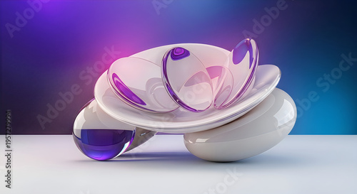 A luminous abstract sculpture of interconnected white forms glows with vibrant purple and blue highlights