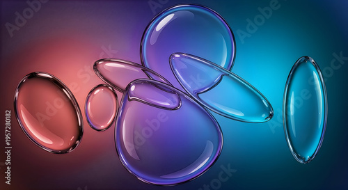Abstract arrangement of translucent colorful bubbles floats against a gradient purple and red background high-quality