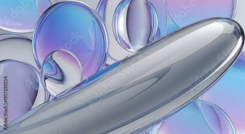 Abstract composition of iridescent fluid shapes resembling bubbles and organic forms in pastel hues high-quality