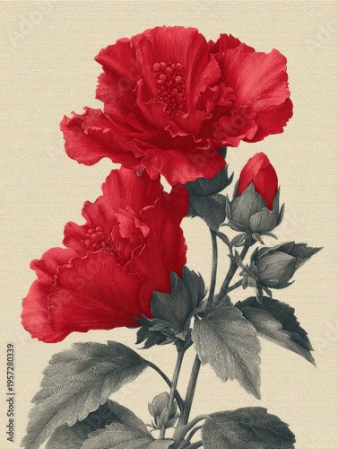 Vintage illustration of two red hibiscus flowers and buds on textured background image photo