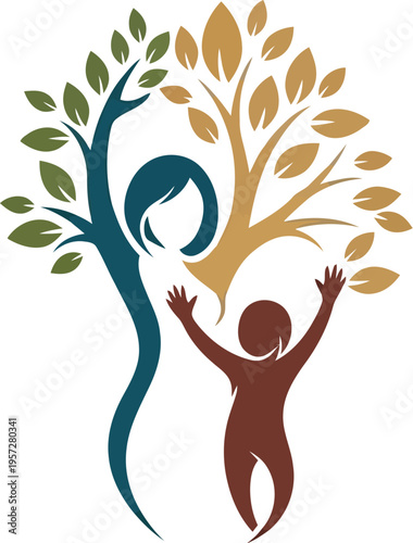 Stylized abstract logo design creatively merging human figures with a vibrant, colorful tree symbolizing family growth and nurturing environment concepts
