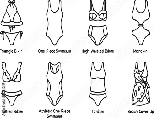 set of 8 women's summer swimwear styles flat design vector illustration