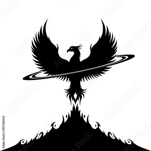 Majestic Phoenix Rising Silhouette with Ringed Planet Aesthetic.