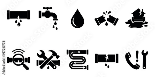 A set of flat black icons illustrating plumbing problems like leaks, broken pipes, and damaged houses, alongside repair tools and service symbols.
