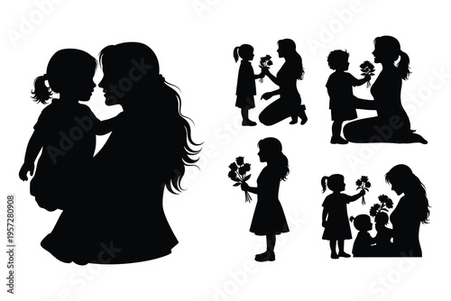 Silhouettes of mother and child in various heartwarming scenes