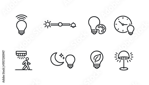 Minimal line icons of lightbulbs and lighting controls on gray background, representing ideas, creativity, energy efficiency, and smart illumination