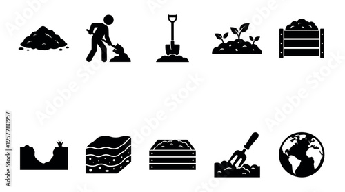 A collection of black and white icons representing various aspects of soil, gardening, and agriculture, including a pile of dirt, a person digging, a shovel, plants, and a globe.