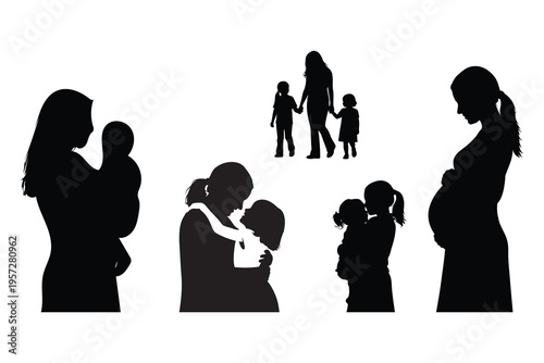 Silhouettes of pregnant women and mothers with children