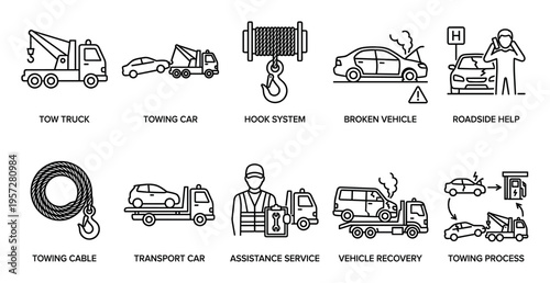 A collection of black and white line art icons representing various aspects of towing services, including tow trucks, broken vehicles, and roadside assistance.
