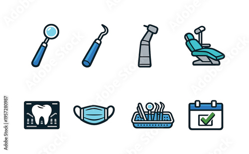Set of dental care icons featuring mirror, scaler, drill, chair, tooth x-ray, face mask, sterilization tray, and appointment calendar checkmark