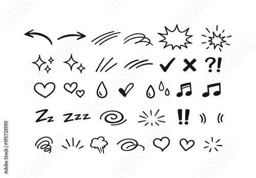 Hand-drawn doodle icon set with arrows, sparkles, hearts, checkmarks, question marks, music notes, sleep symbols, swirls, and exclamation marks