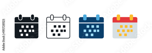 Minimal calendar icon set in multiple colors on white background, depicting monthly schedule and date planner symbols for time management