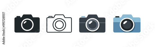 Row of four minimalist camera icons in black, white outline, and blue variations, representing photography, equipment, and digital imaging symbols