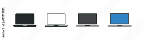 Minimal flat illustration showing four laptop computers in different screen colors and styles aligned horizontally on a clean white background