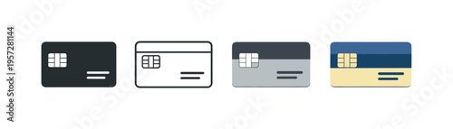 Set of four minimalist bank card icons with chip, magnetic stripe, and numbering, shown in different colors on a clean white background