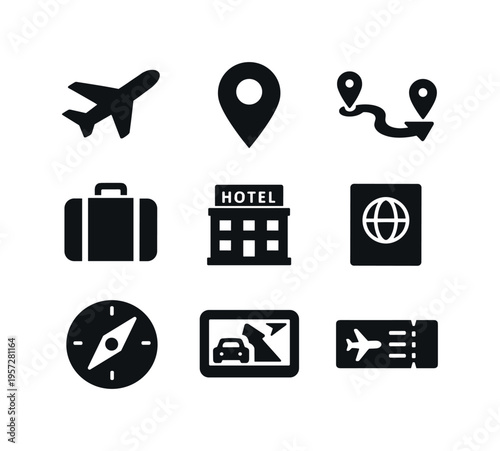 Minimal black travel and tourism icon set featuring airplane, location pin, route map, suitcase, hotel building, passport, compass, navigation, tickets